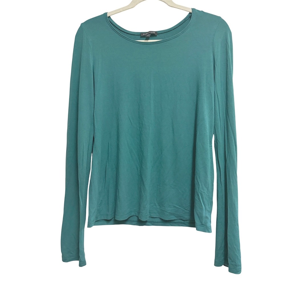 Eileen Fisher Long Sleeve Scoop Neck Teal Top Minimalist Rayon Stretch Small